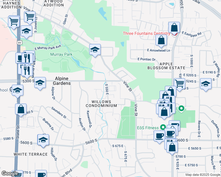map of restaurants, bars, coffee shops, grocery stores, and more near 582 5300 South in Murray