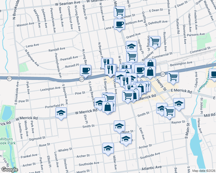 map of restaurants, bars, coffee shops, grocery stores, and more near 55 South Bergen Place in Freeport