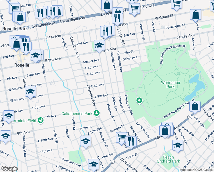 map of restaurants, bars, coffee shops, grocery stores, and more near 530 Drake Avenue in Roselle