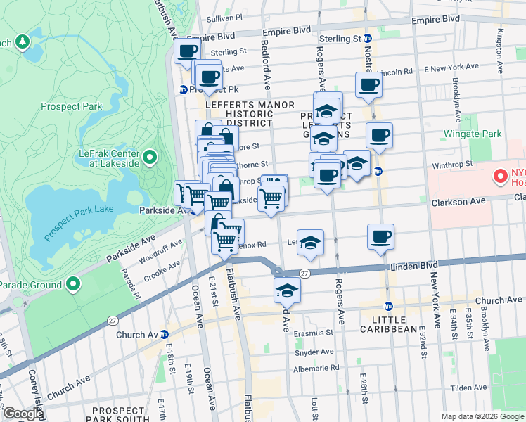 map of restaurants, bars, coffee shops, grocery stores, and more near 369 Parkside Avenue in Brooklyn