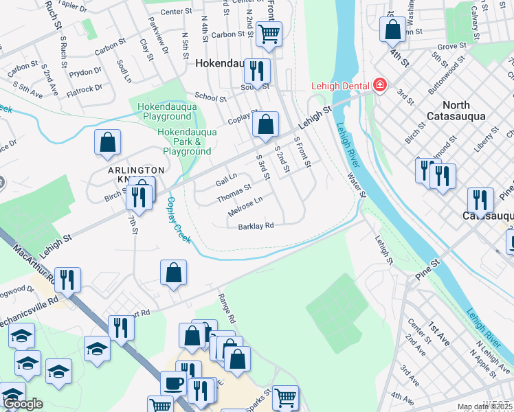 map of restaurants, bars, coffee shops, grocery stores, and more near 3315 Melrose Lane in Hokendauqua