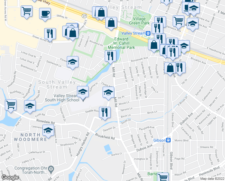 map of restaurants, bars, coffee shops, grocery stores, and more near 5 Cluett Road in Valley Stream