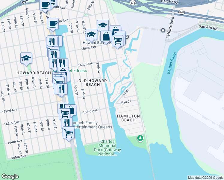 map of restaurants, bars, coffee shops, grocery stores, and more near 132 Broadway in Queens