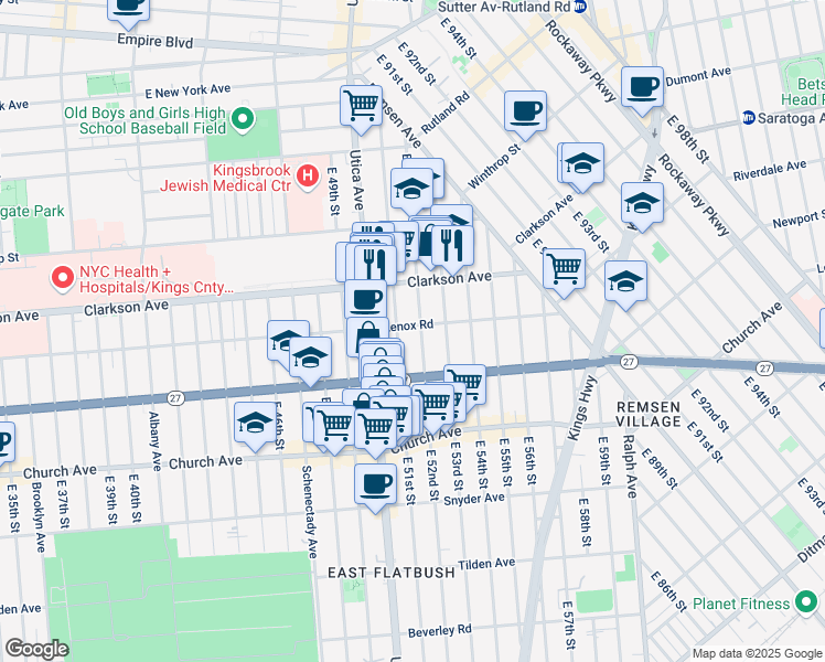map of restaurants, bars, coffee shops, grocery stores, and more near 208 East 52nd Street in Brooklyn