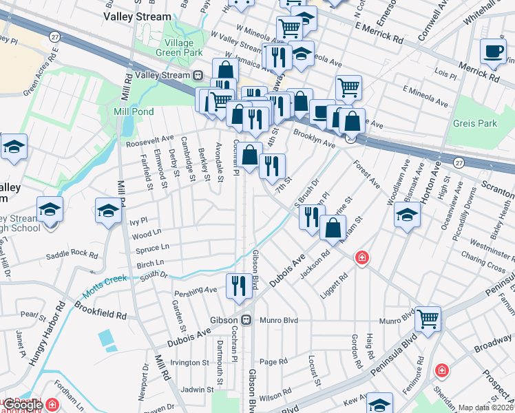 map of restaurants, bars, coffee shops, grocery stores, and more near 1 Gibson Boulevard in Valley Stream