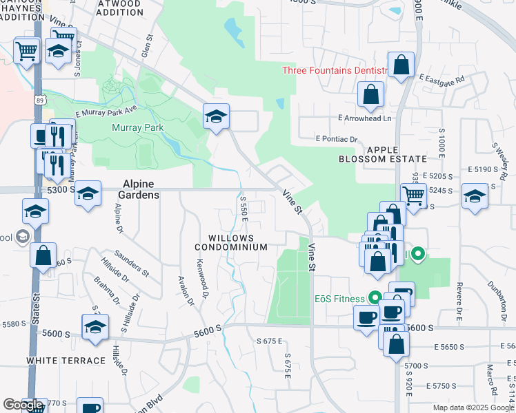 map of restaurants, bars, coffee shops, grocery stores, and more near 5325 South 580 East in Murray