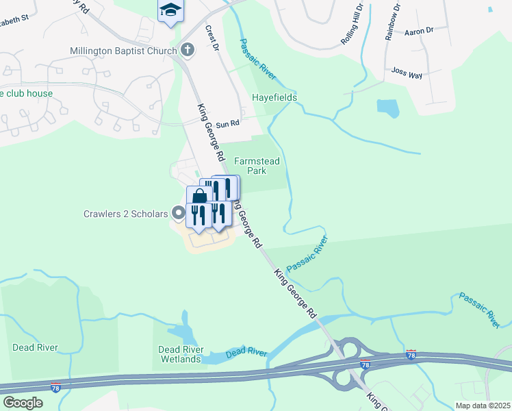 map of restaurants, bars, coffee shops, grocery stores, and more near 404 King George Road in Bernards