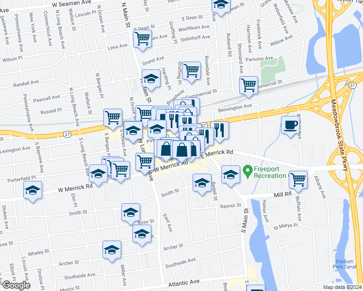 map of restaurants, bars, coffee shops, grocery stores, and more near 70 South Main Street in Freeport