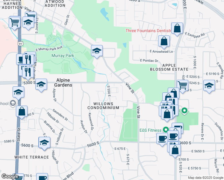 map of restaurants, bars, coffee shops, grocery stores, and more near 5323 South 560 East in Murray