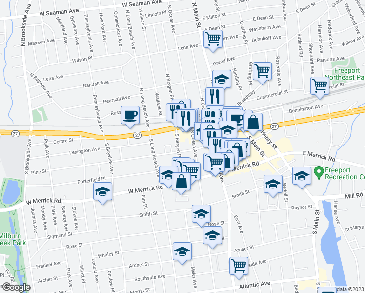 map of restaurants, bars, coffee shops, grocery stores, and more near 127 Sunrise Highway in Freeport