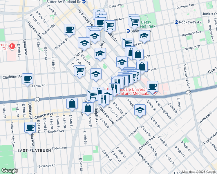 map of restaurants, bars, coffee shops, grocery stores, and more near 467 East 93rd Street in Brooklyn