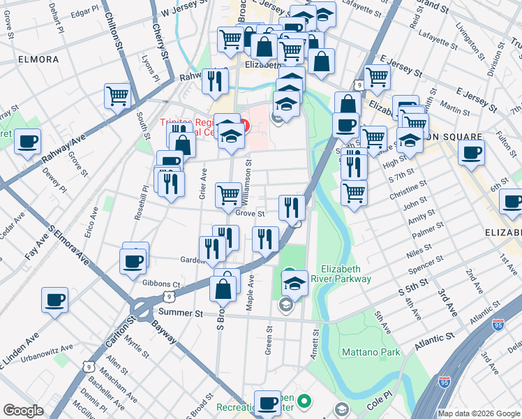 map of restaurants, bars, coffee shops, grocery stores, and more near 670 Montgomery Street in Elizabeth