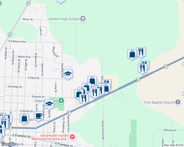 map of restaurants, bars, coffee shops, grocery stores, and more near 980 Meadow Lane in Kenton