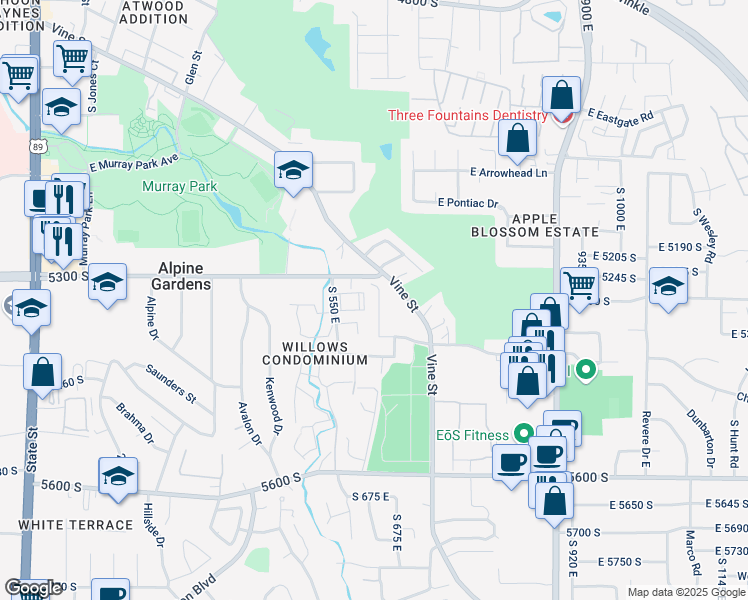 map of restaurants, bars, coffee shops, grocery stores, and more near 582 5300 South in Murray