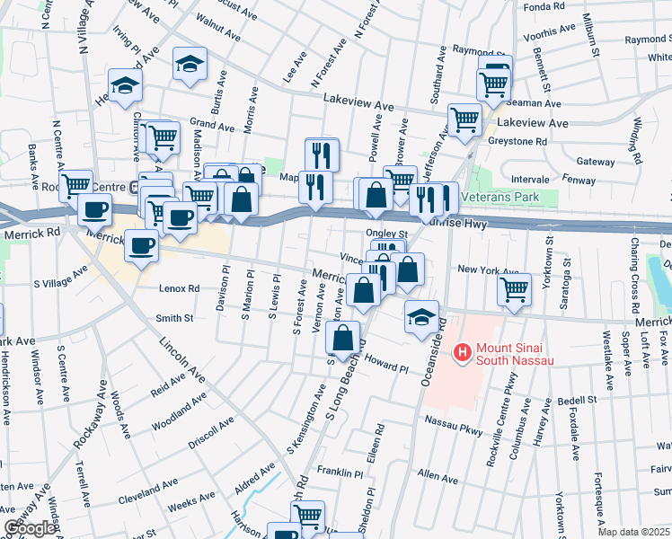 map of restaurants, bars, coffee shops, grocery stores, and more near 31 Vincent Street in Rockville Centre