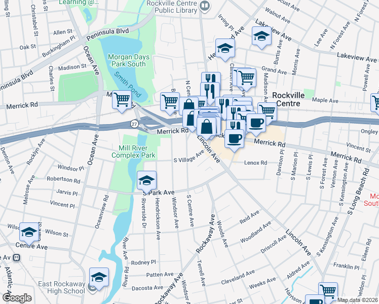 map of restaurants, bars, coffee shops, grocery stores, and more near 33 South Centre Avenue in Rockville Centre