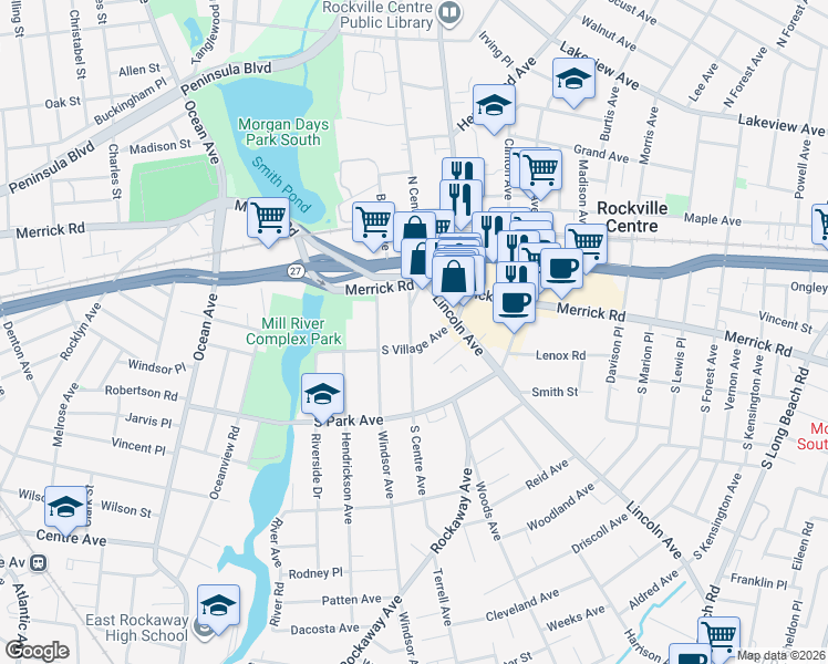 map of restaurants, bars, coffee shops, grocery stores, and more near 33 South Centre Avenue in Rockville Centre