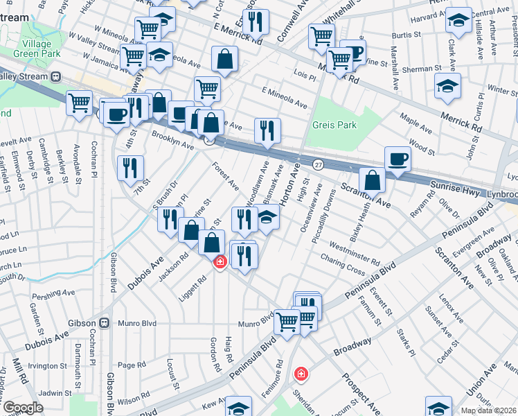 map of restaurants, bars, coffee shops, grocery stores, and more near 117 Delmonico Place in Valley Stream