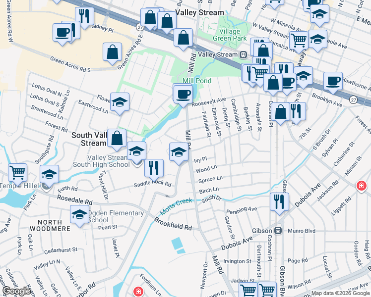 map of restaurants, bars, coffee shops, grocery stores, and more near 5 Cluett Road in Valley Stream