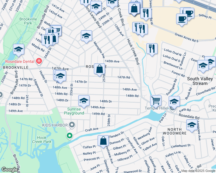 map of restaurants, bars, coffee shops, grocery stores, and more near 257-23 147th Drive in Queens
