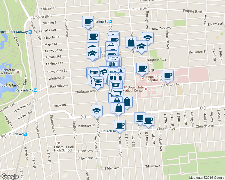 map of restaurants, bars, coffee shops, grocery stores, and more near 1251 Nostrand Avenue in Brooklyn
