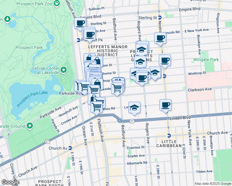 map of restaurants, bars, coffee shops, grocery stores, and more near 369 Parkside Avenue in Brooklyn