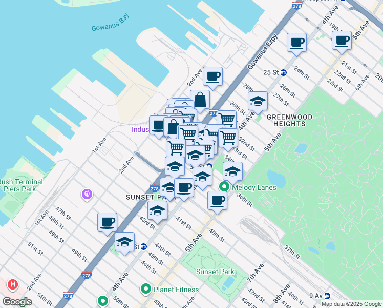 map of restaurants, bars, coffee shops, grocery stores, and more near 126 35th Street in Brooklyn