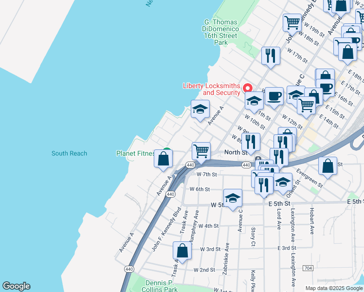 map of restaurants, bars, coffee shops, grocery stores, and more near 2 Boatworks Drive in Bayonne