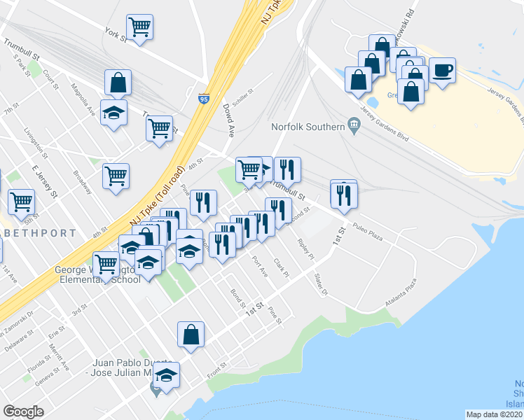 map of restaurants, bars, coffee shops, grocery stores, and more near 248 Ripley Place in Elizabeth