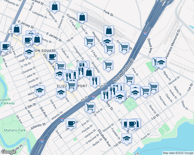 map of restaurants, bars, coffee shops, grocery stores, and more near 448 Broadway in Elizabeth