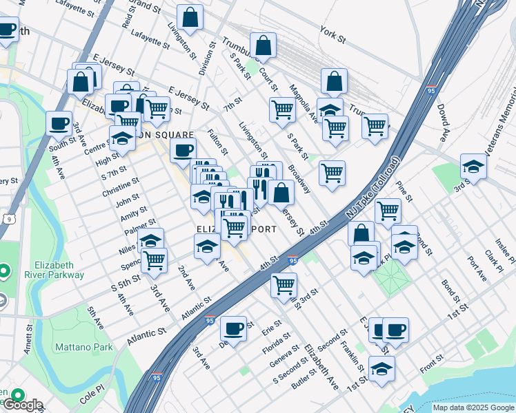 map of restaurants, bars, coffee shops, grocery stores, and more near 517 Fulton Street in Elizabeth