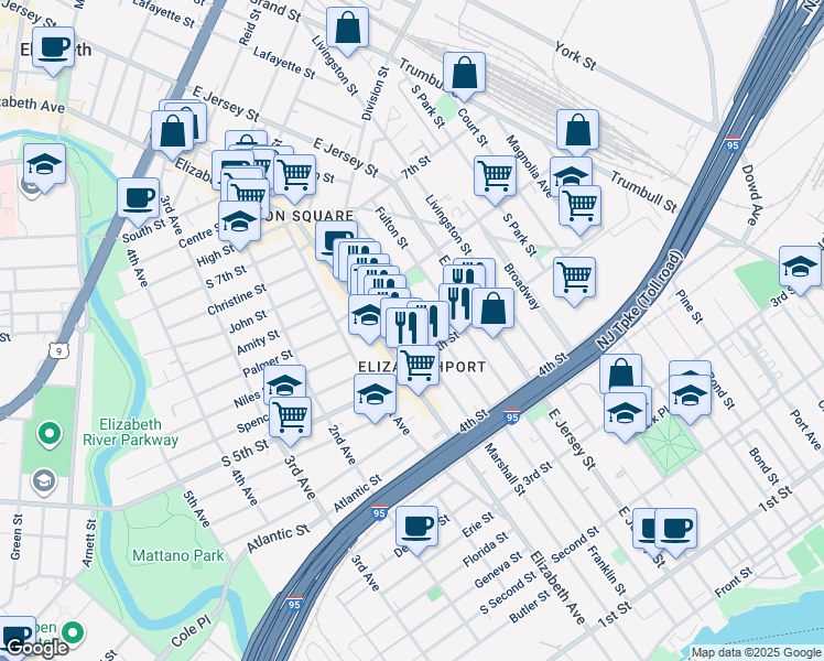 map of restaurants, bars, coffee shops, grocery stores, and more near 533 Franklin Street in Elizabeth