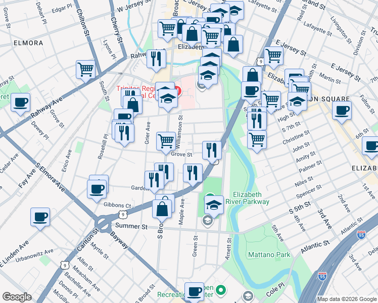 map of restaurants, bars, coffee shops, grocery stores, and more near 670 Montgomery Street in Elizabeth