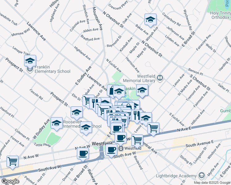 map of restaurants, bars, coffee shops, grocery stores, and more near 201 Mountain Avenue in Westfield