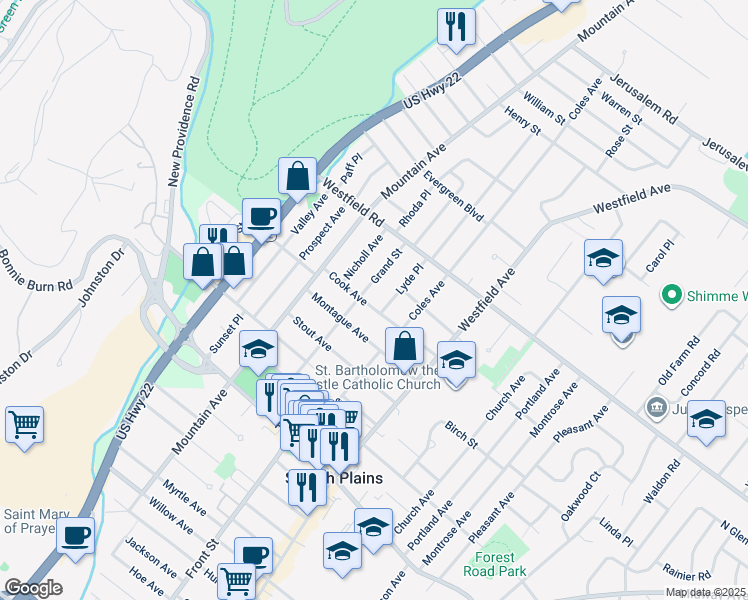 map of restaurants, bars, coffee shops, grocery stores, and more near 2052 Nicholl Avenue in Scotch Plains