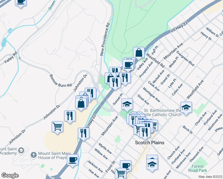 map of restaurants, bars, coffee shops, grocery stores, and more near 1967 U.S. 22 in Scotch Plains