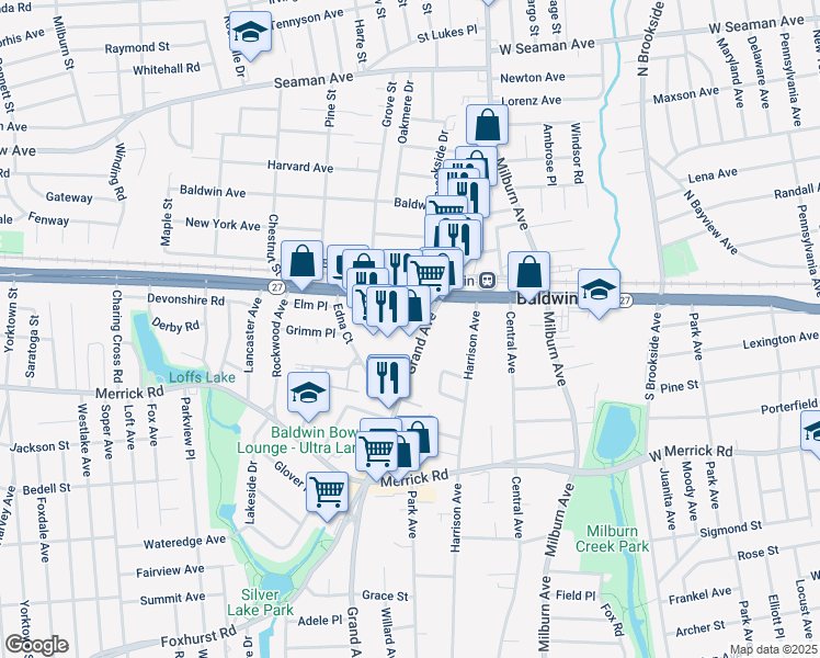 map of restaurants, bars, coffee shops, grocery stores, and more near 690 Sunrise Highway in Baldwin