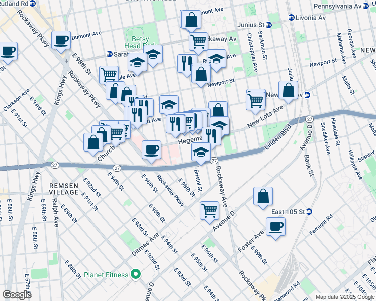 map of restaurants, bars, coffee shops, grocery stores, and more near 1371 Linden Boulevard in Brooklyn