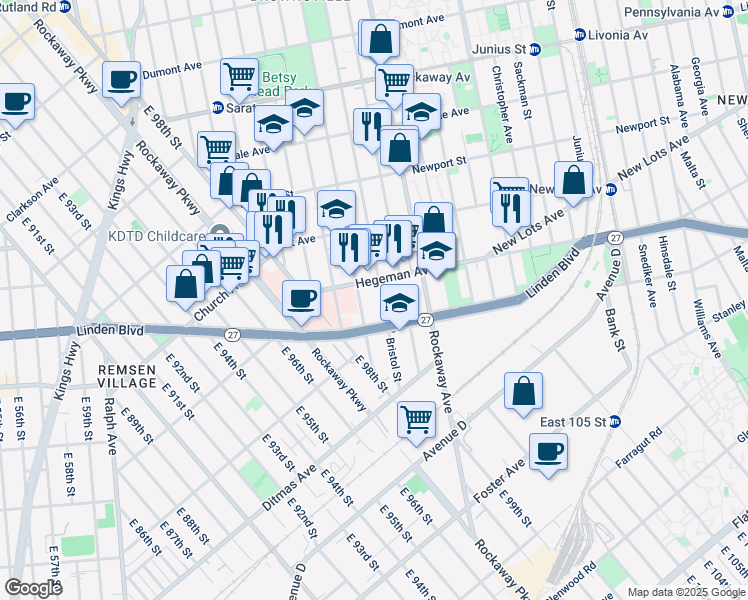 map of restaurants, bars, coffee shops, grocery stores, and more near 1371 Linden Boulevard in Brooklyn