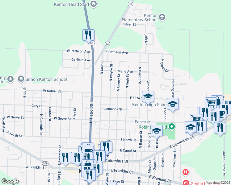 map of restaurants, bars, coffee shops, grocery stores, and more near 641 North Cherry Street in Kenton