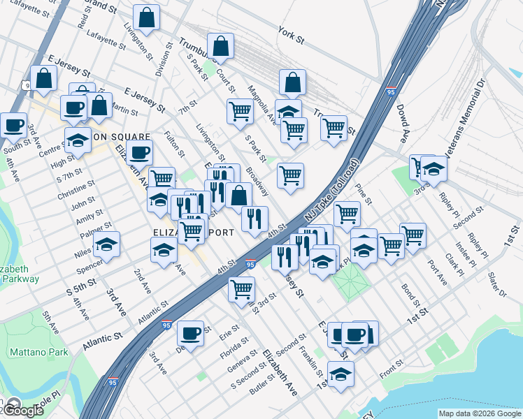 map of restaurants, bars, coffee shops, grocery stores, and more near 448 Broadway in Elizabeth