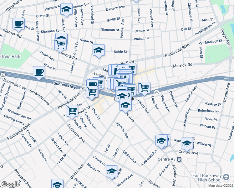 map of restaurants, bars, coffee shops, grocery stores, and more near 44 Broadway in Lynbrook