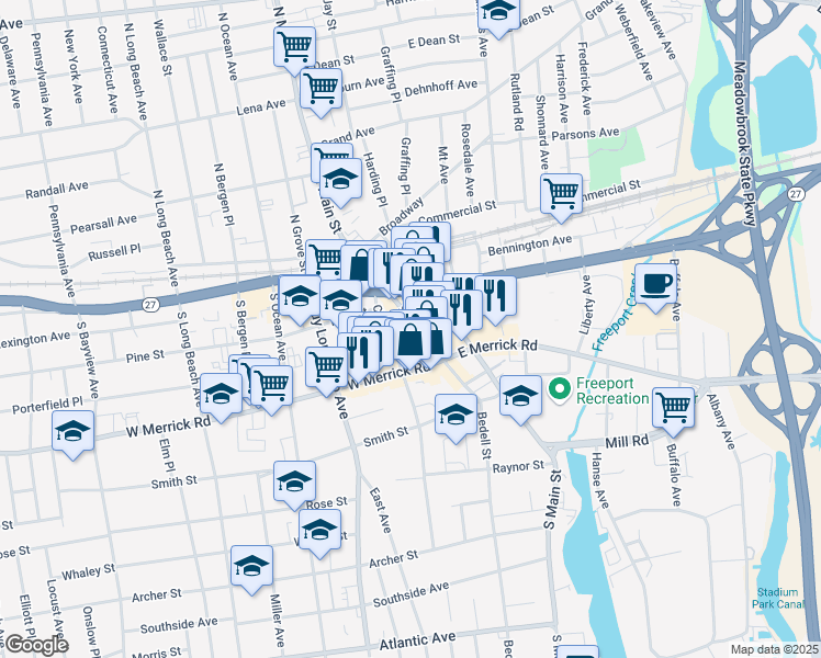 map of restaurants, bars, coffee shops, grocery stores, and more near 7 Newton Boulevard in Freeport