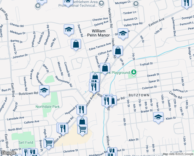 map of restaurants, bars, coffee shops, grocery stores, and more near 2802 Sunset Drive in Bethlehem