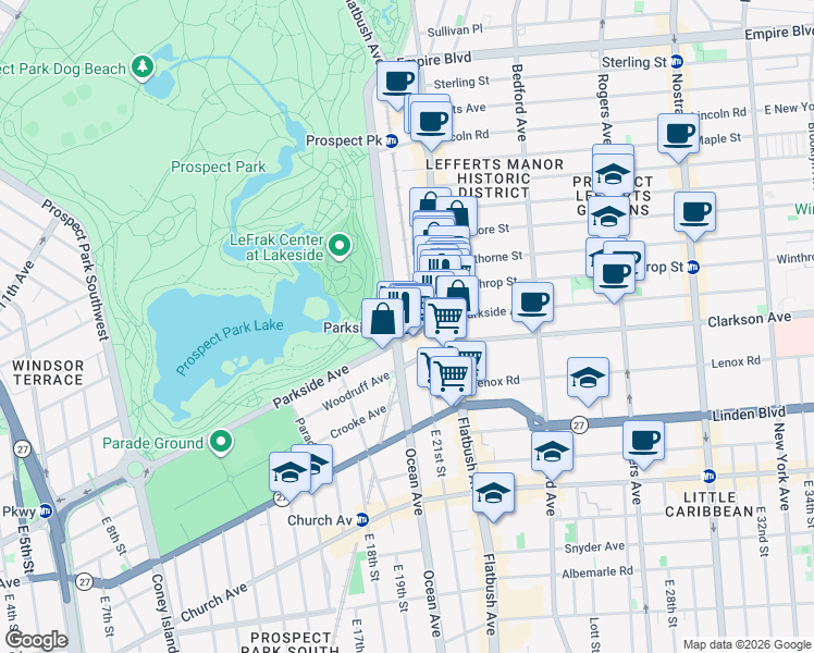 map of restaurants, bars, coffee shops, grocery stores, and more near 135 Parkside Avenue in Brooklyn