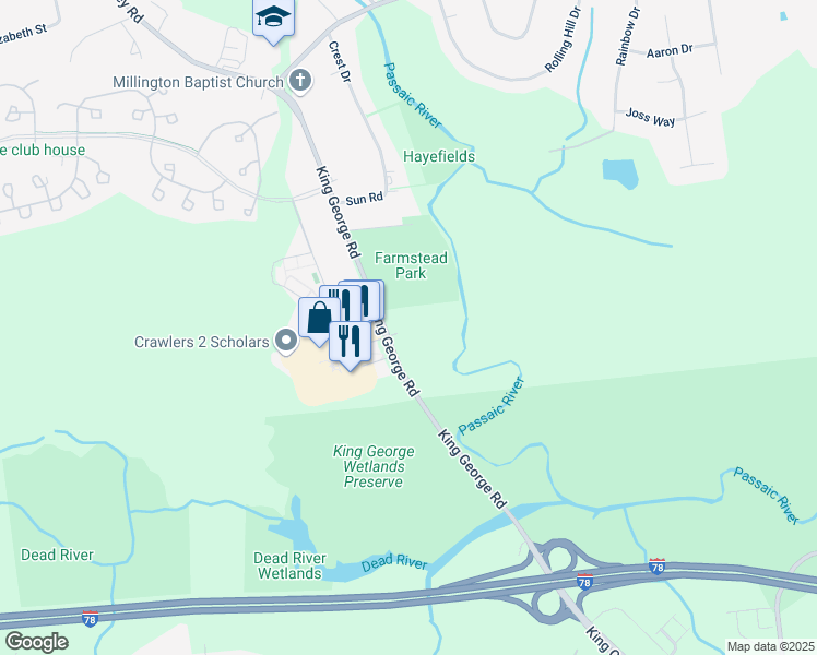 map of restaurants, bars, coffee shops, grocery stores, and more near 404 King George Road in Bernards