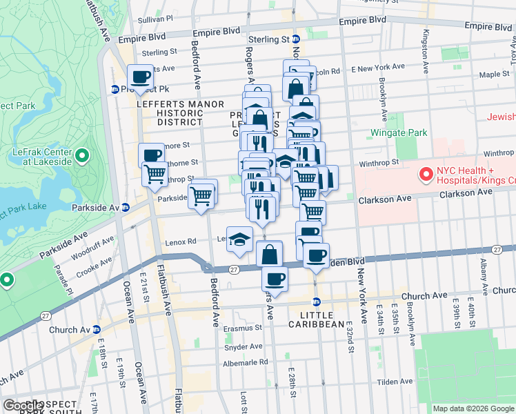 map of restaurants, bars, coffee shops, grocery stores, and more near 636 Rogers Avenue in Brooklyn