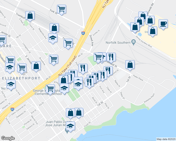 map of restaurants, bars, coffee shops, grocery stores, and more near 3rd St & Port Ave in Elizabeth