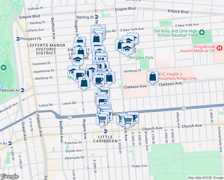 map of restaurants, bars, coffee shops, grocery stores, and more near 760 Parkside Avenue in Brooklyn