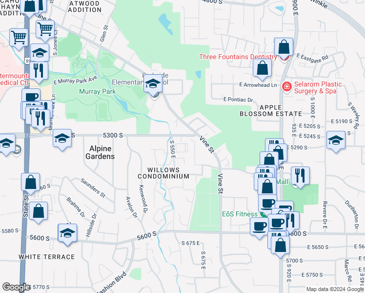 map of restaurants, bars, coffee shops, grocery stores, and more near 5325 South 580 East in Murray